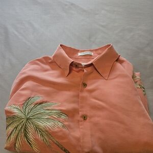 Bamboo Cay Embroidered Short Sleeve Button Up  Mens Med Coral  Palms